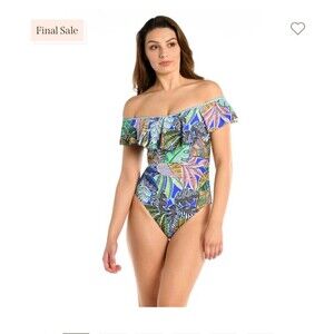 NNT La blanca neon off shoulder ruffle one-piece swimsuit size 16